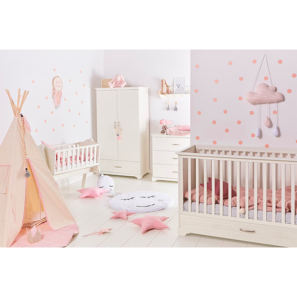 Chambre complète lit évolutif 70x140 commode à langer et armoire 2 portes Novelies Melody Blanc