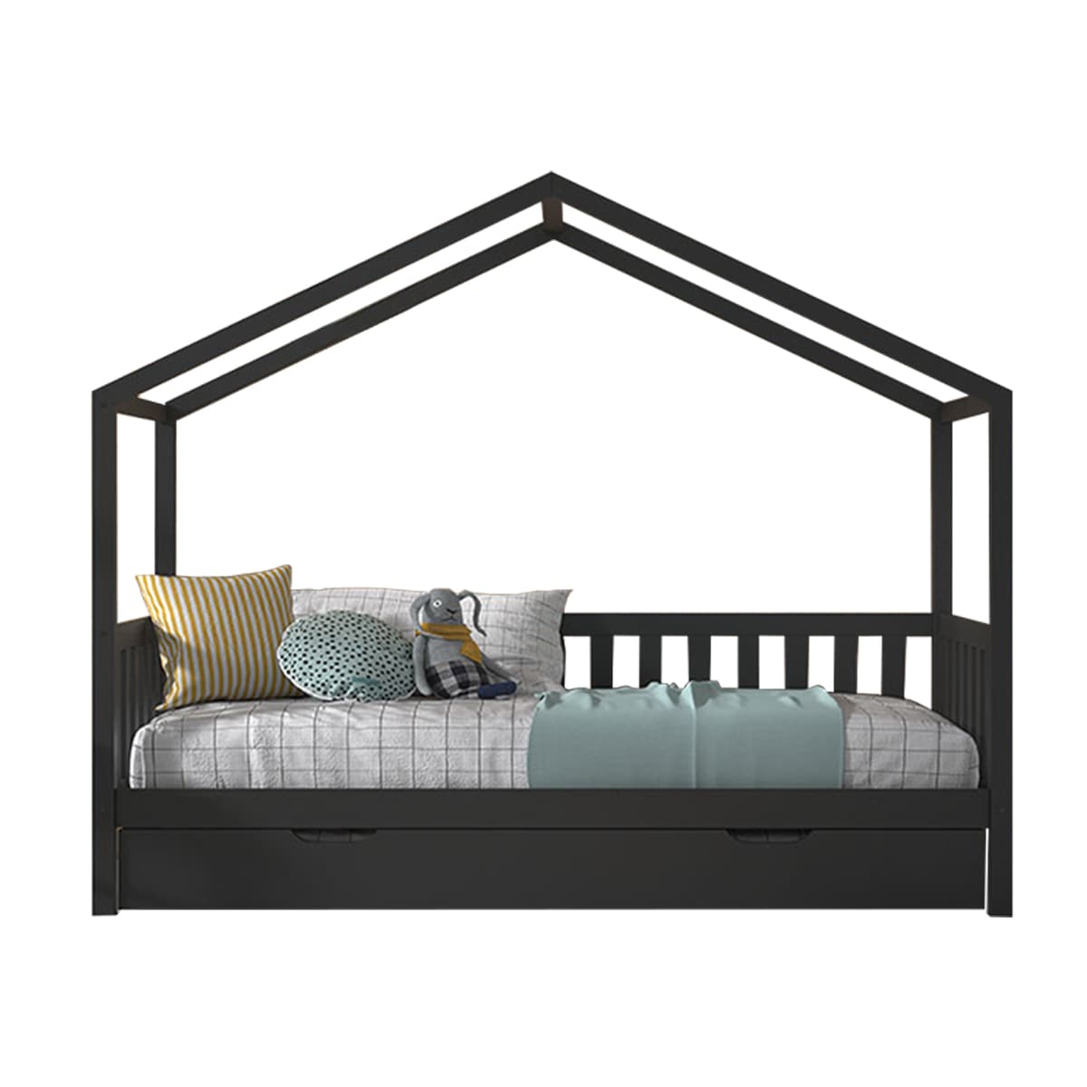 Lit cabane 90x200 sommier et tiroir inclus Vipack Dallas Anthracite