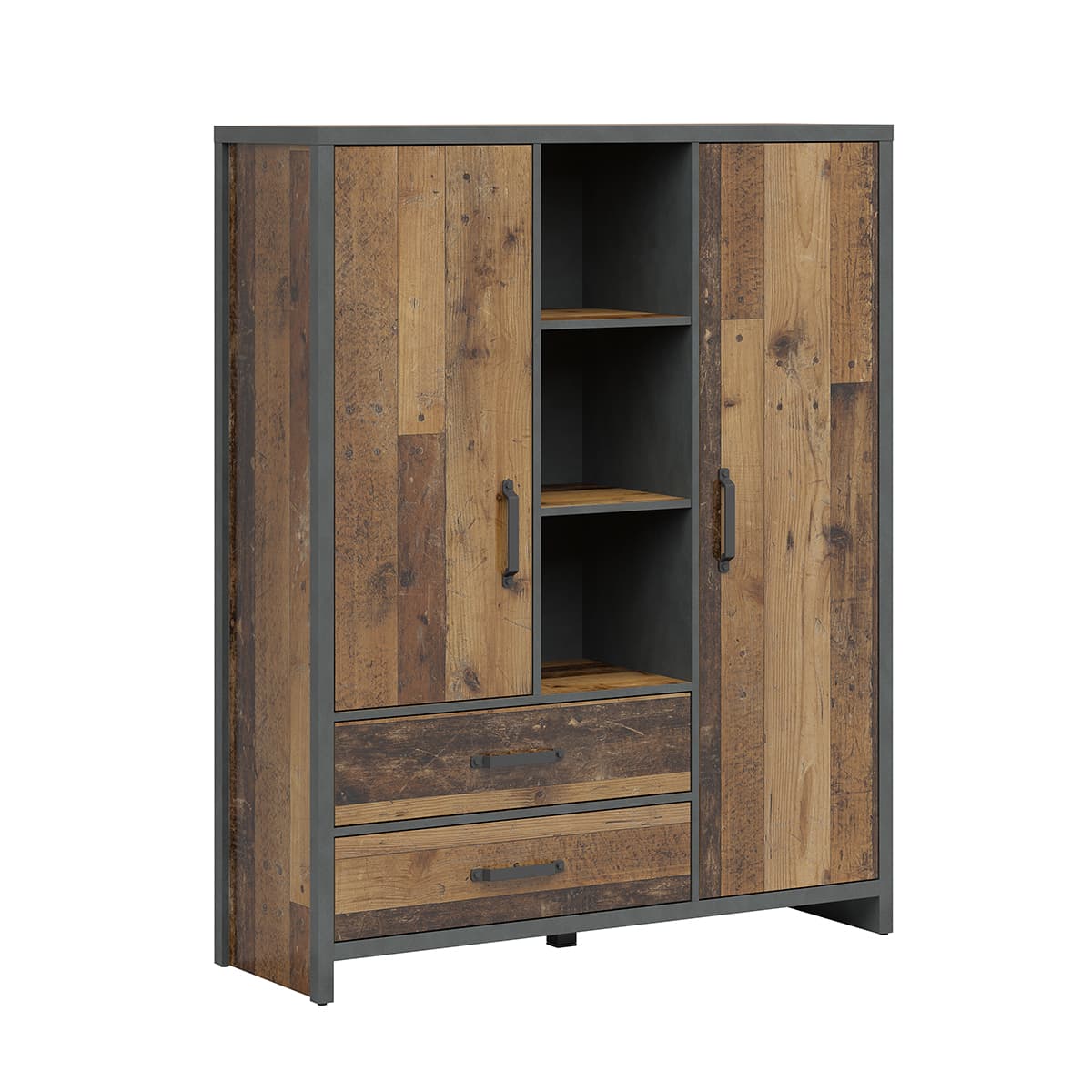 Bibliothèque 2 portes 2 tiroirs Paul Bois et Gris anthracite