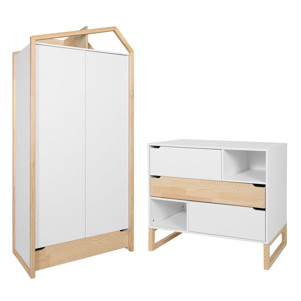 Commode 3 tiroirs et armoire 2 portes Bellamy Juliette Blanc et bois