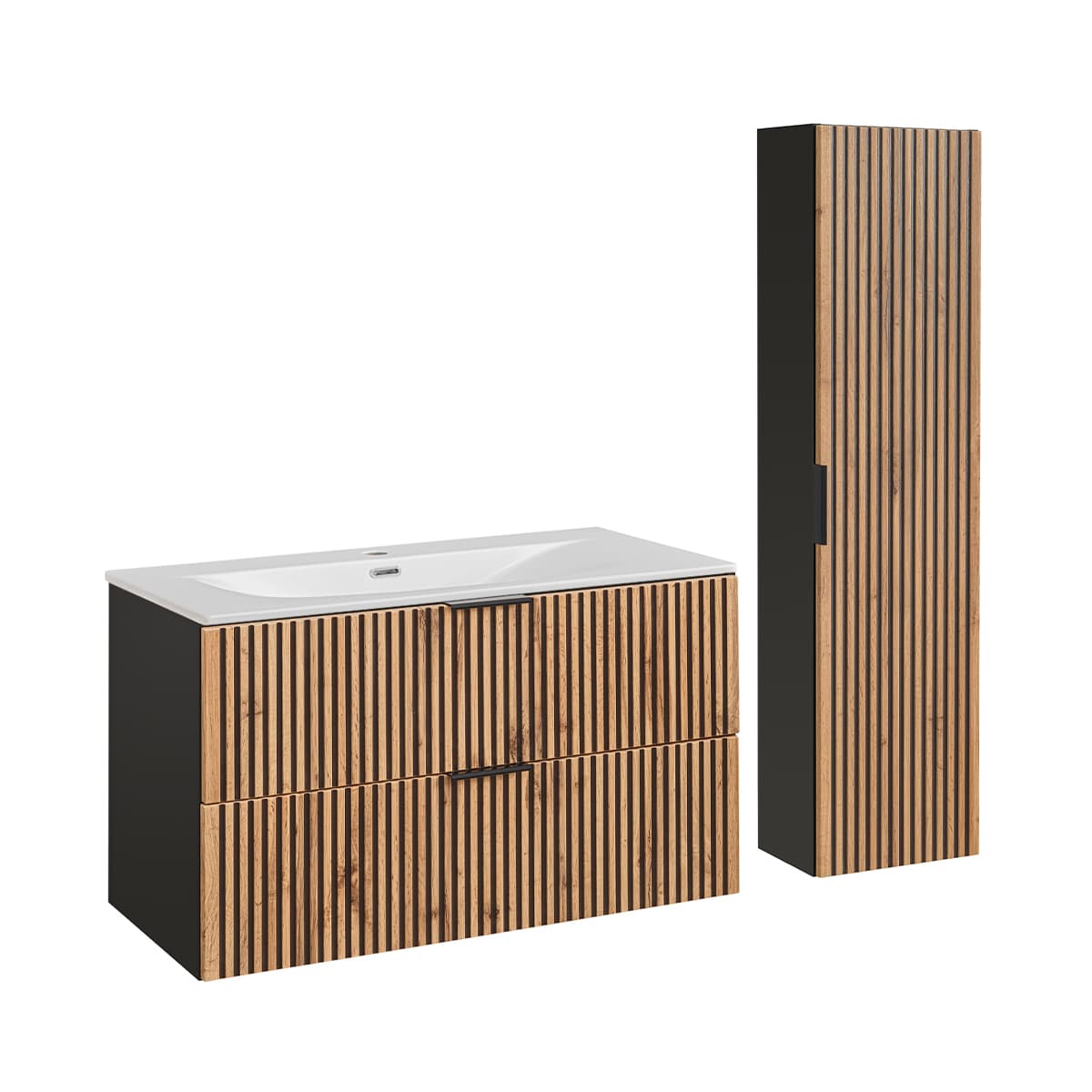 Ensemble meuble simple vasque encastrée 100cm et colonne Gaia Bois et Noir