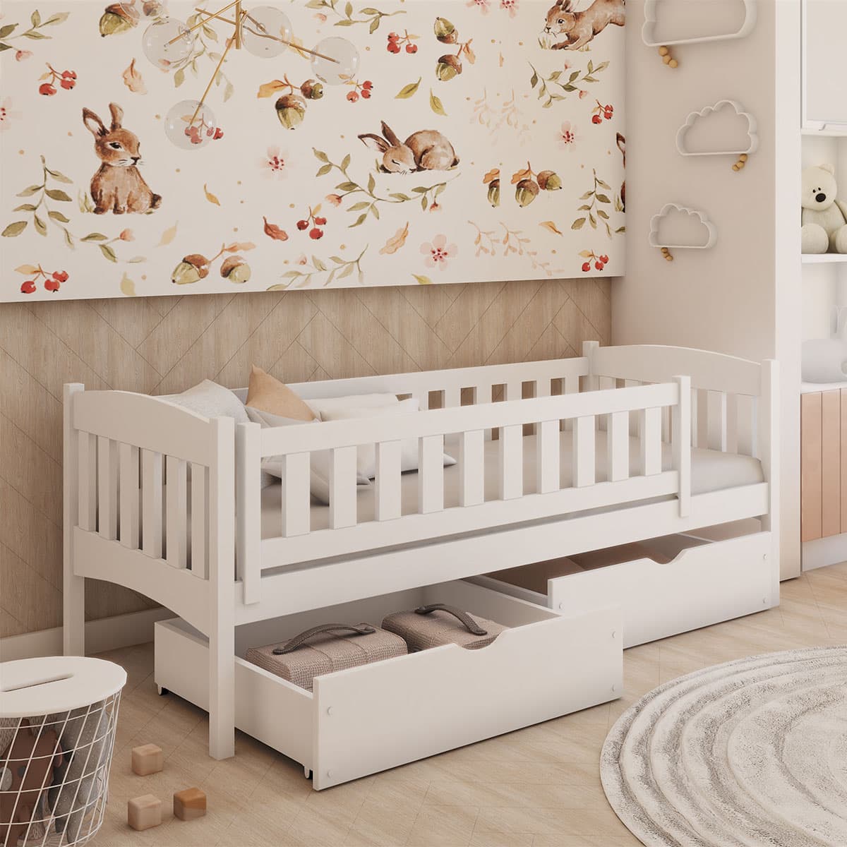 Lit 90x200 sommier et tiroirs inclus Samuel Blanc