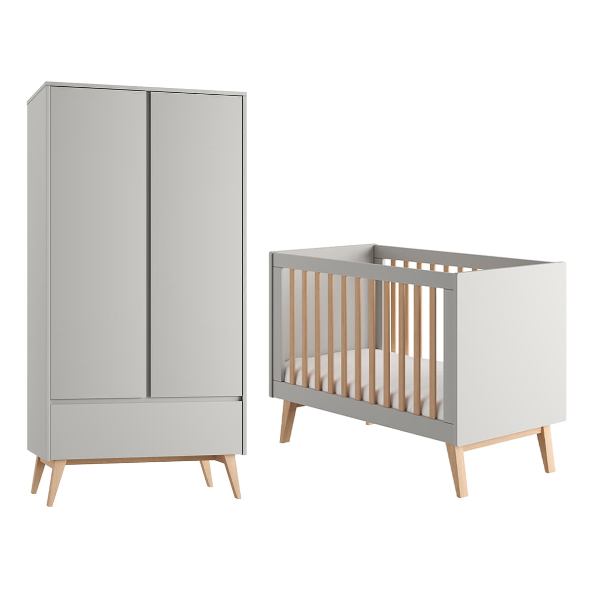 Lit évolutif 60x120 et armoire 2 portes Pinio Swing Gris et bois