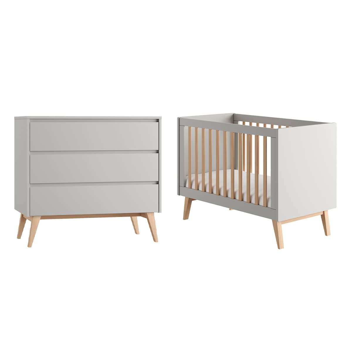 Lit évolutif 60x120 et commode 3 tiroirs Pinio Swing Gris et bois