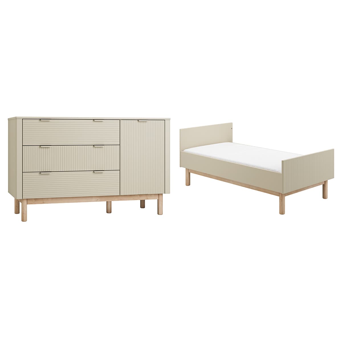 Lit évolutif 70x140 et commode 3 tiroirs 1 porte Pinio Miloo Champagne
