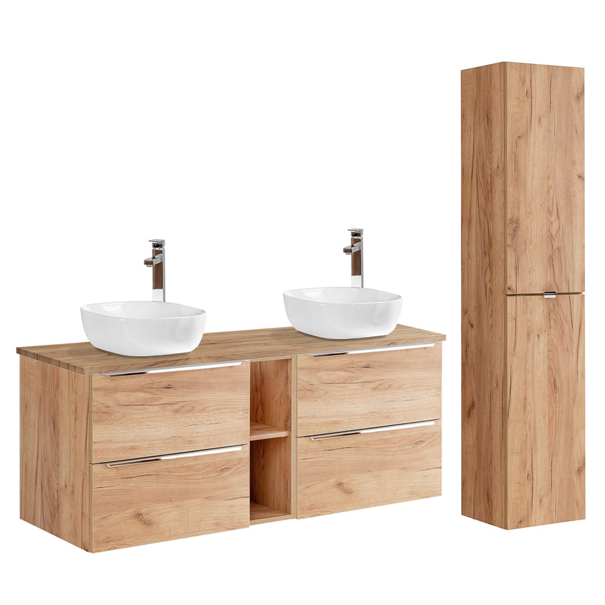 Ensemble meuble double vasque 140cm 2 niches et colonne April Bois