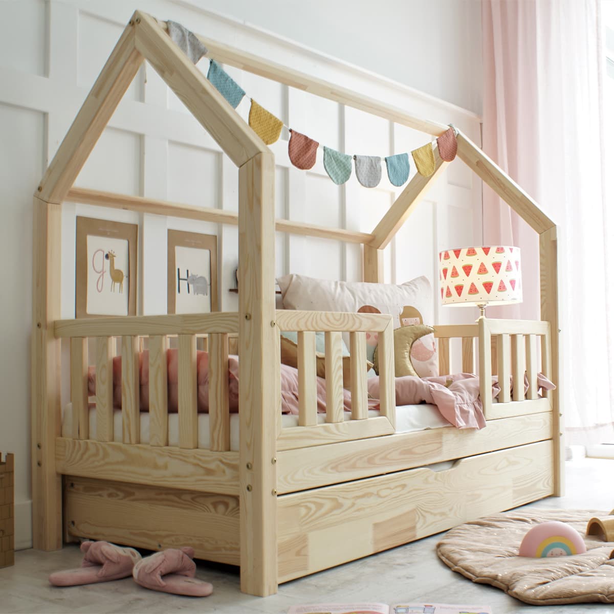 Lit cabane 90x190 barrières sommier et tiroir inclus Daisy Bois