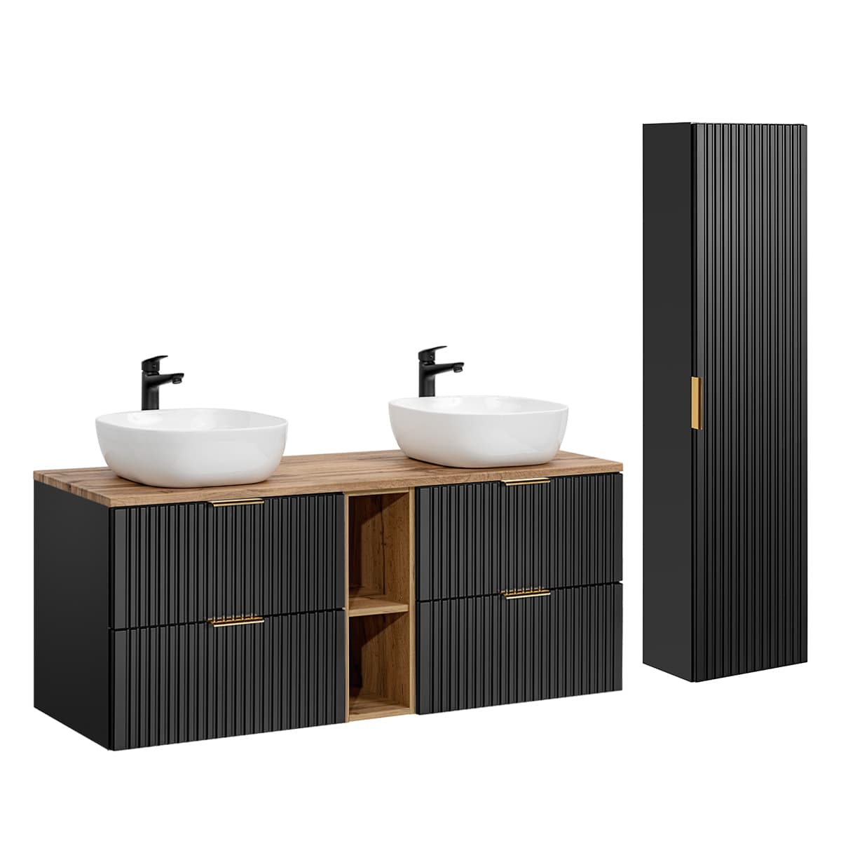Ensemble meuble double vasque 140cm 2 niches et colonne Adriel Noir et Bois