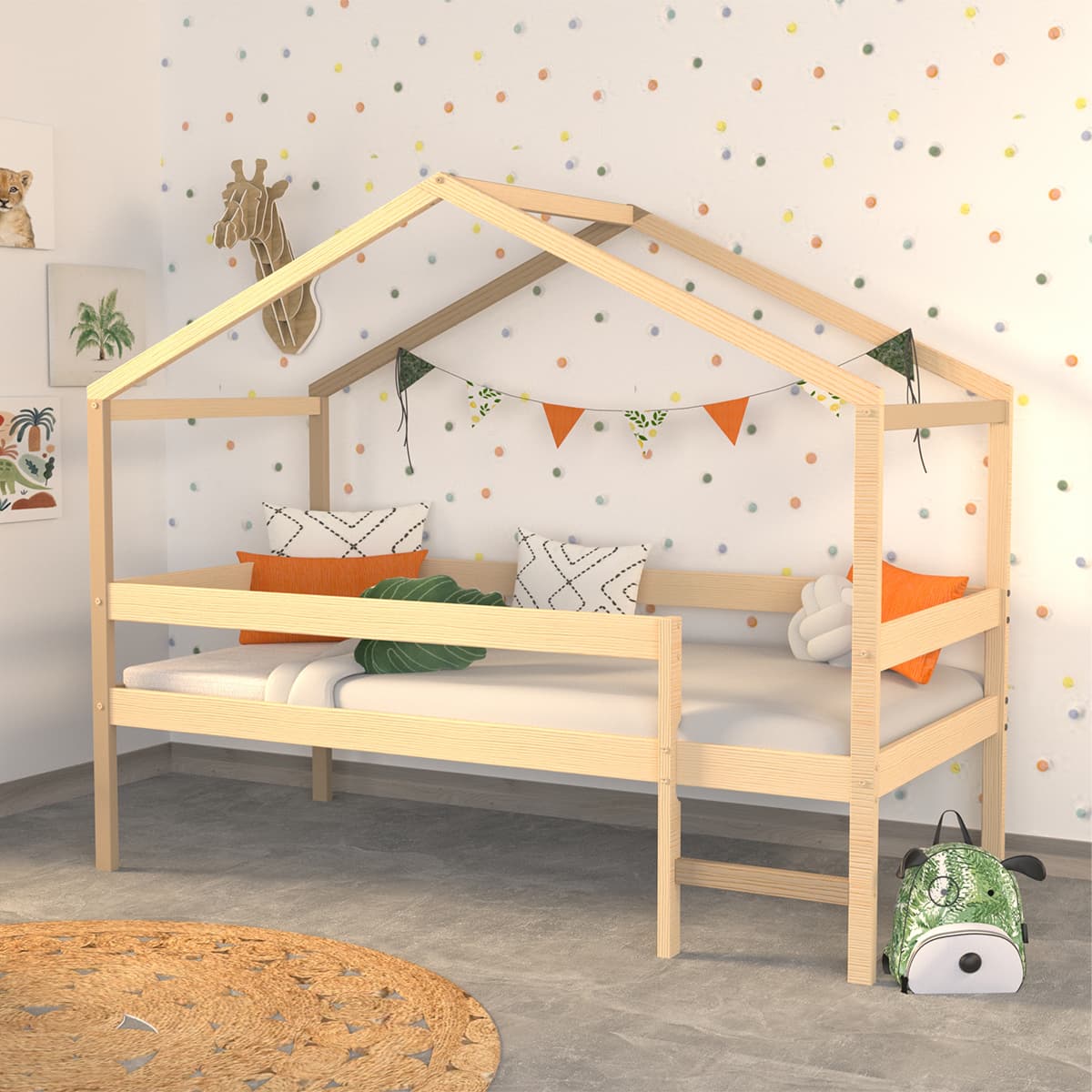 Lit cabane mi-hauteur 90x190 sommier inclus Penny Bois