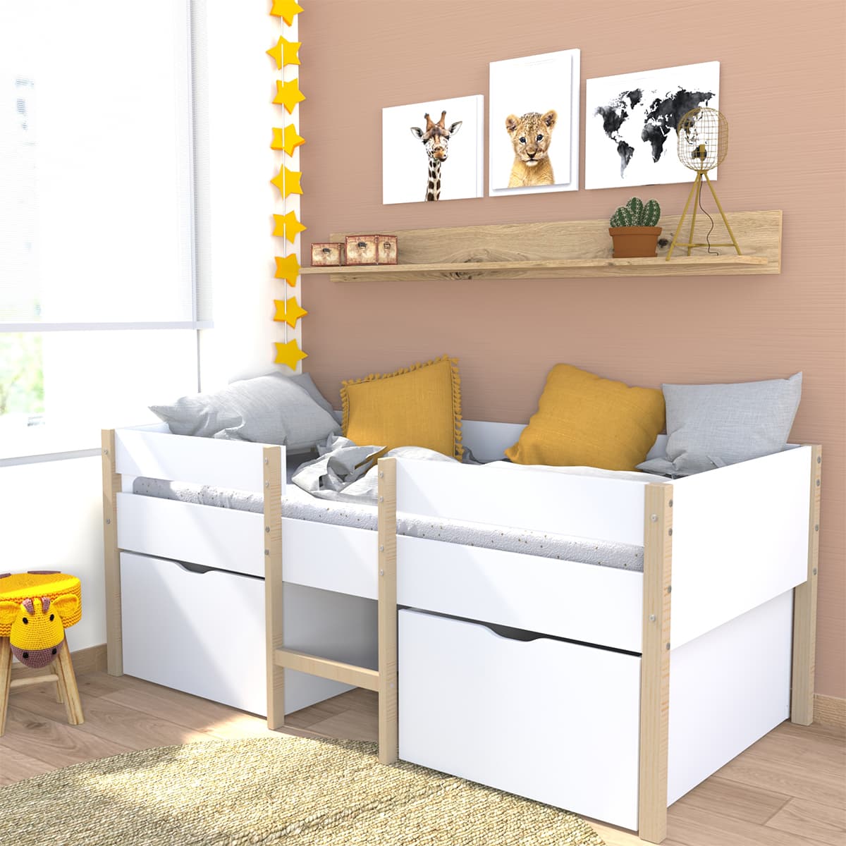 Lit mi-hauteur 90x200 2 grands tiroirs et sommier inclus Arthur Blanc et bois