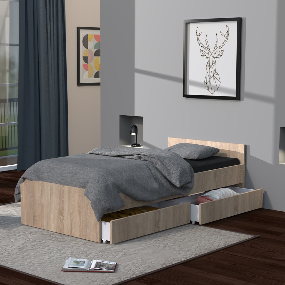 Lit 90x190 tiroirs inclus Orson Bois blanchi