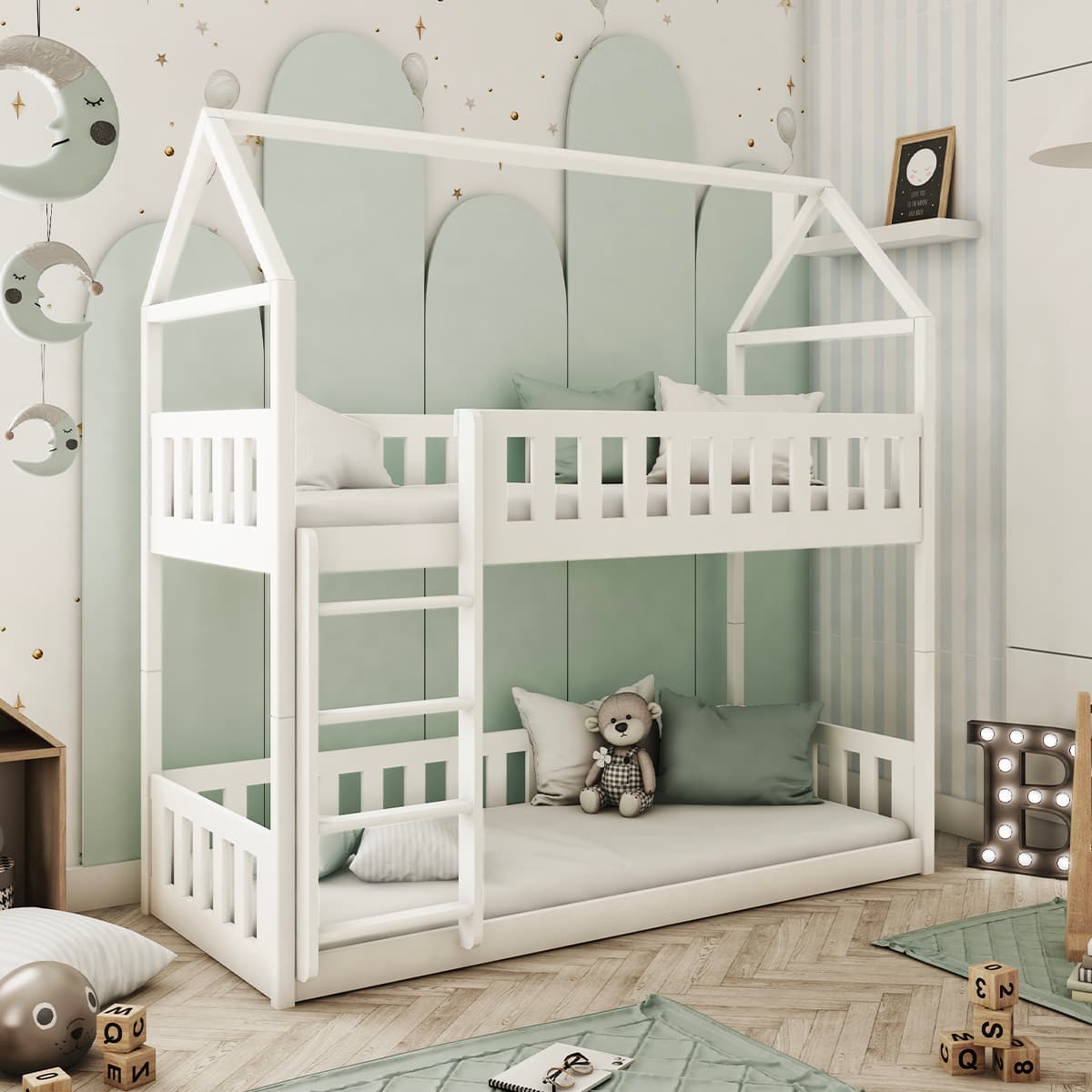 Lit cabane superposé 90x190 au sol sommiers inclus Mathias Blanc