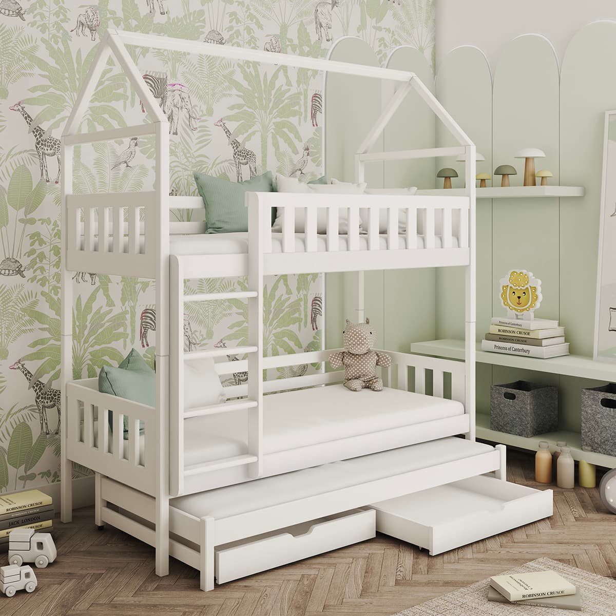 Lit cabane superposé 90x190 sommiers lit gigogne et tiroirs Jeremy Blanc