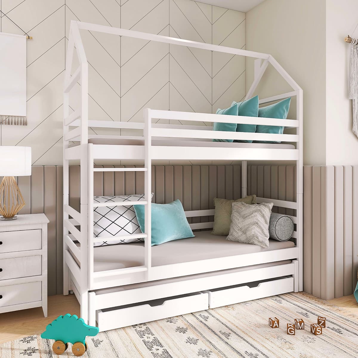 Lit cabane superposé 90x200 sommiers lit gigogne et tiroirs Antonin Blanc