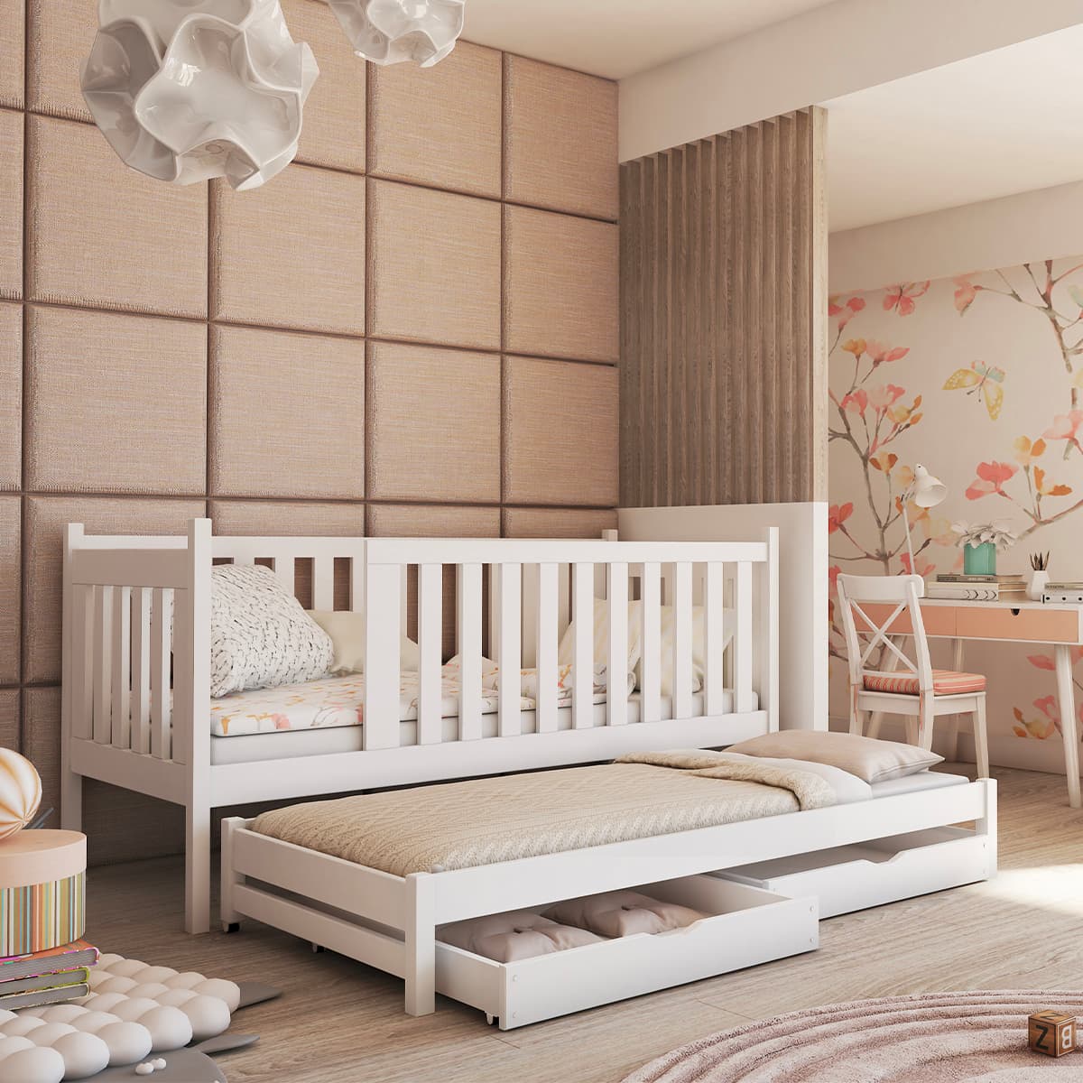 Lit 90x200 sommiers lit gigogne et tiroirs inclus Remy Blanc