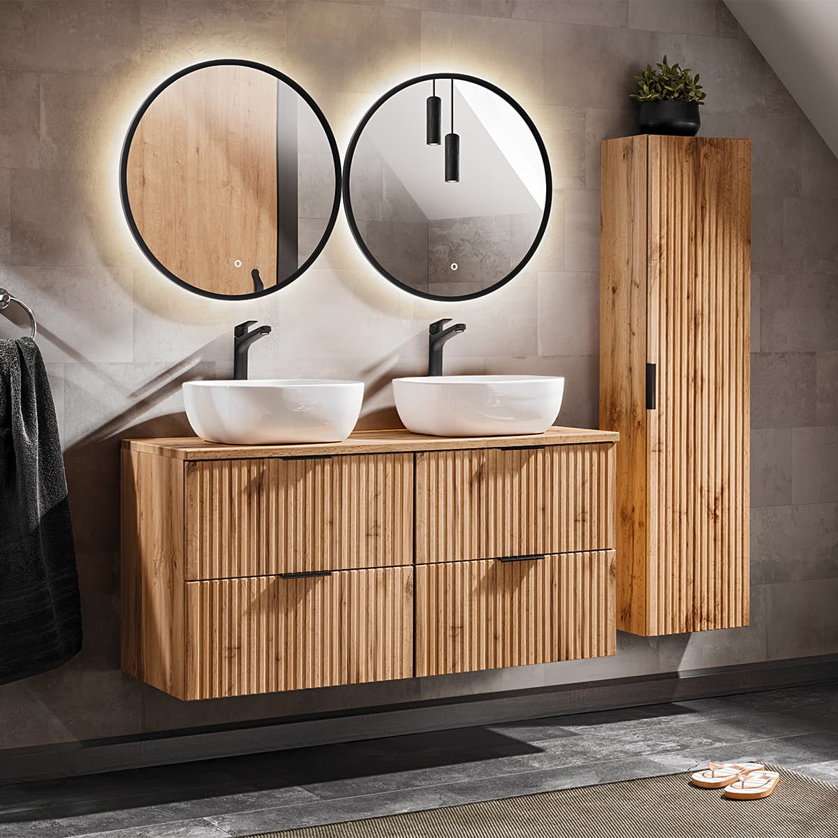 Ensemble meuble double vasque 120cm et colonne Adriel Bois