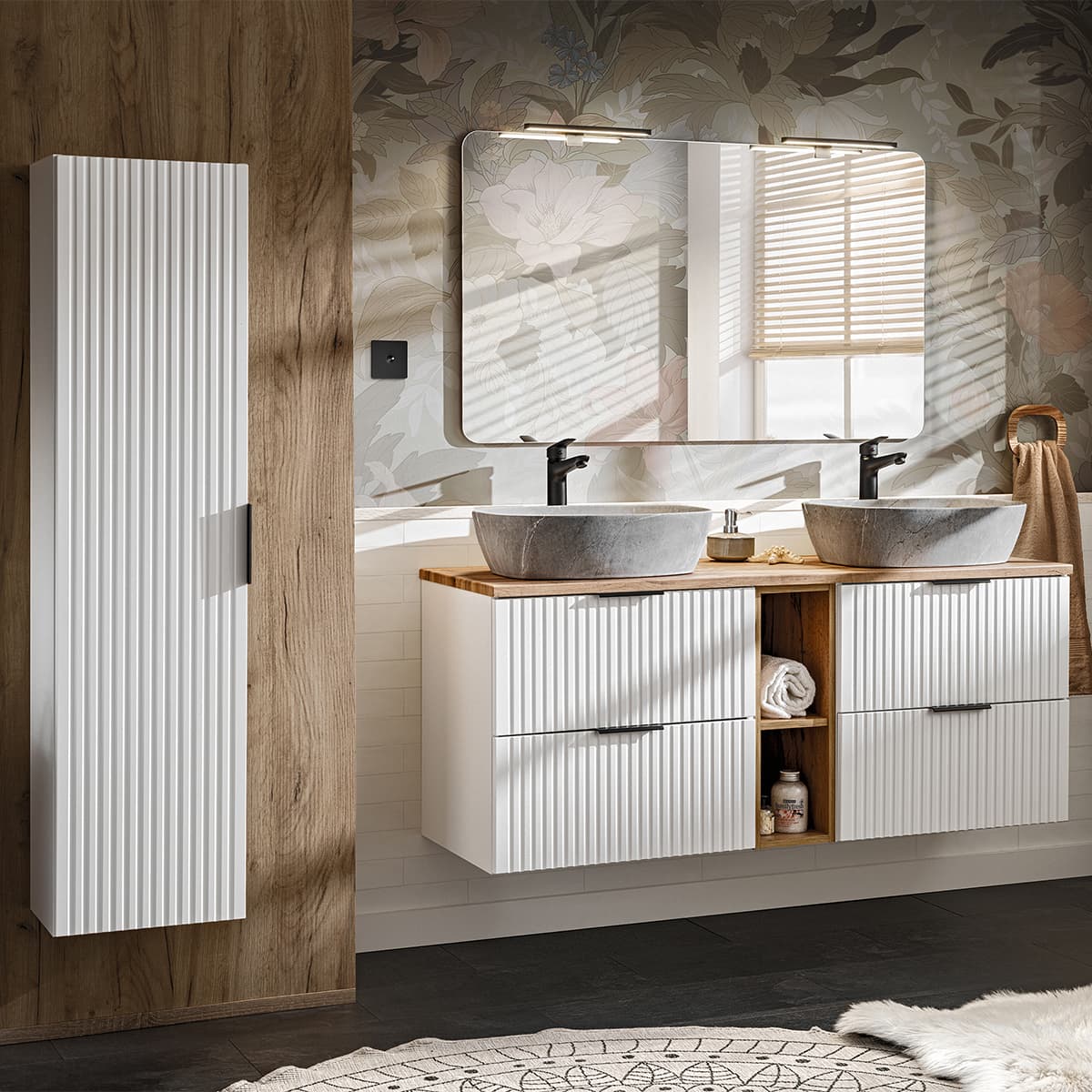 Ensemble meuble double vasque 140cm 2 niches et colonne Adriel Blanc et effet Pierre