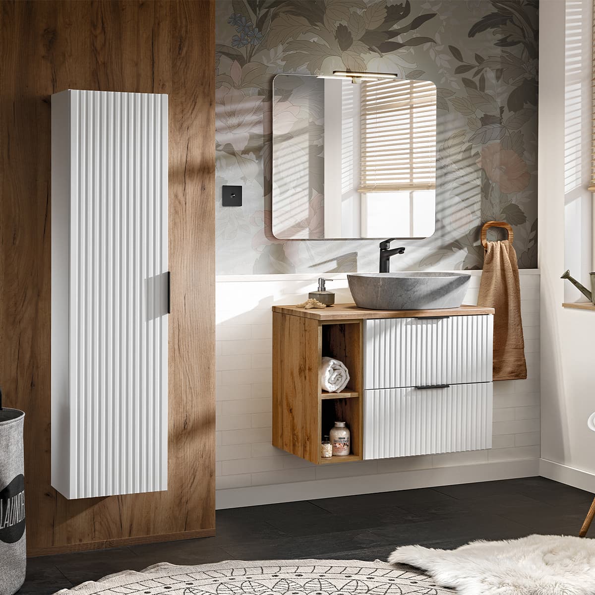 Ensemble meuble simple vasque 80cm 2 niches et colonne Adriel Blanc et effet Pierre