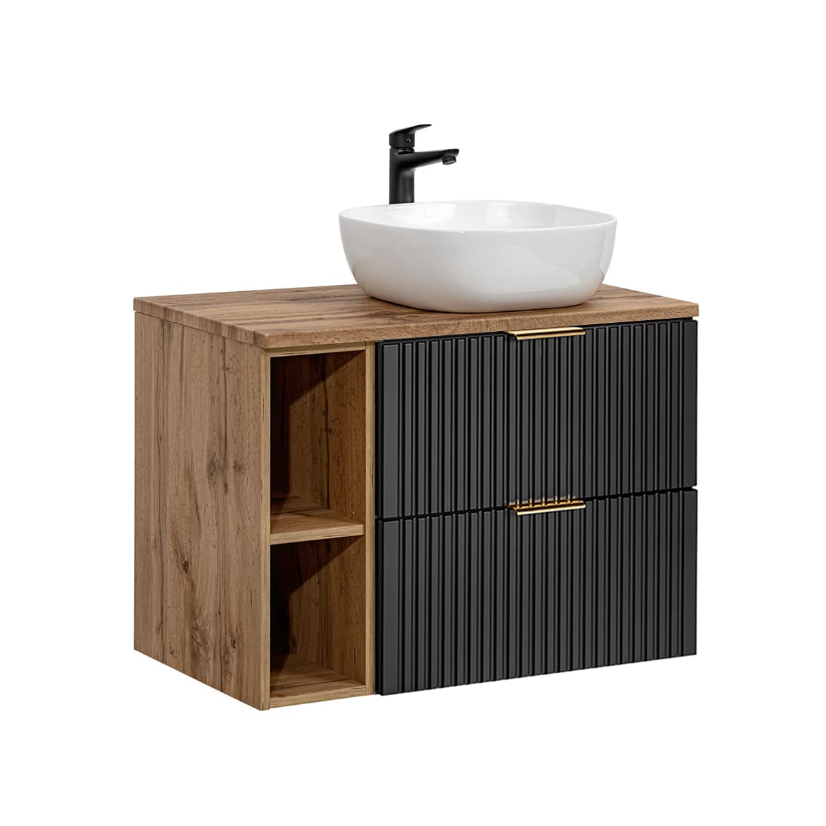 Meuble simple vasque 80cm 2 niches Adriel Noir et Bois