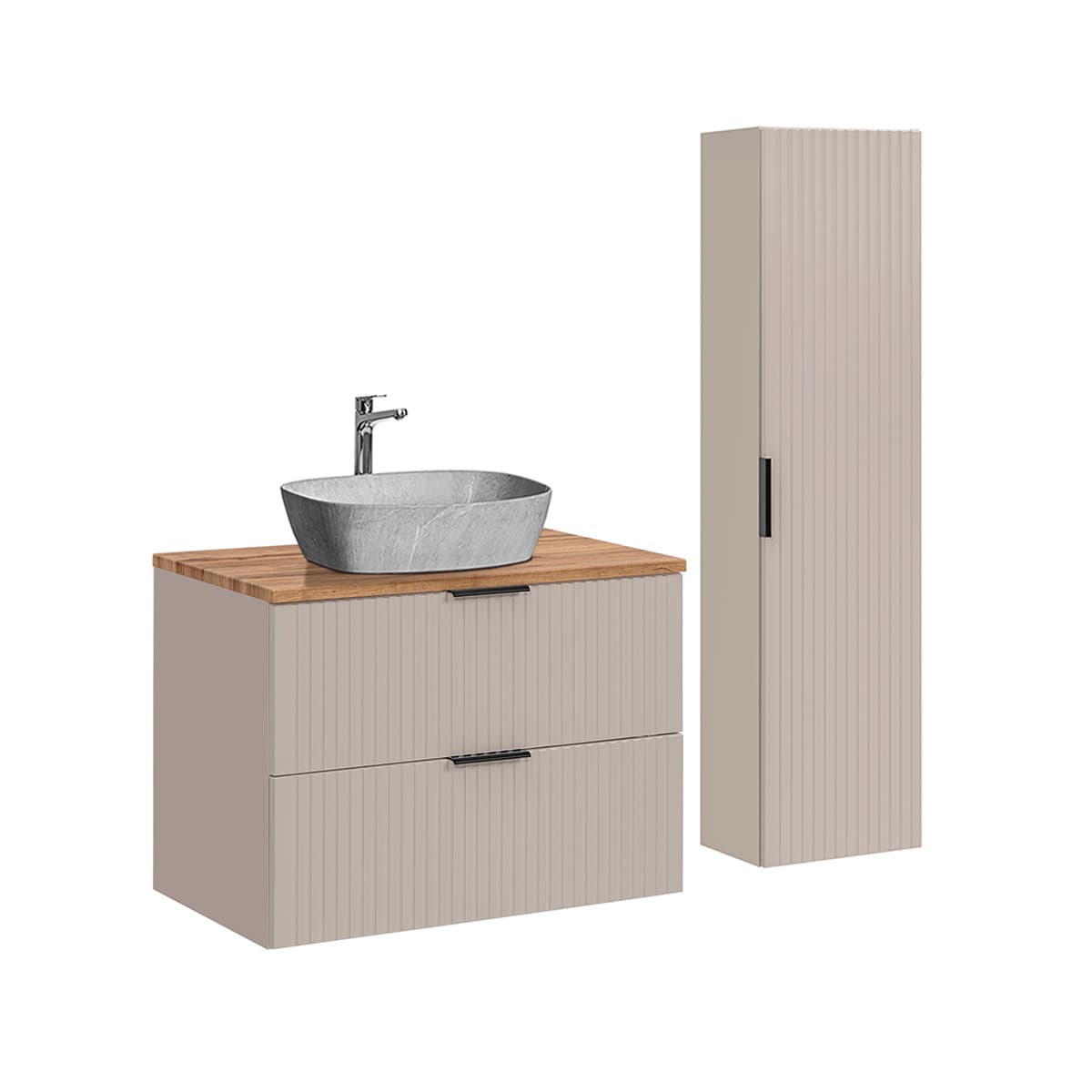 Ensemble meuble simple vasque 80cm et colonne Adriel Cachemire Bois et effet Pierre