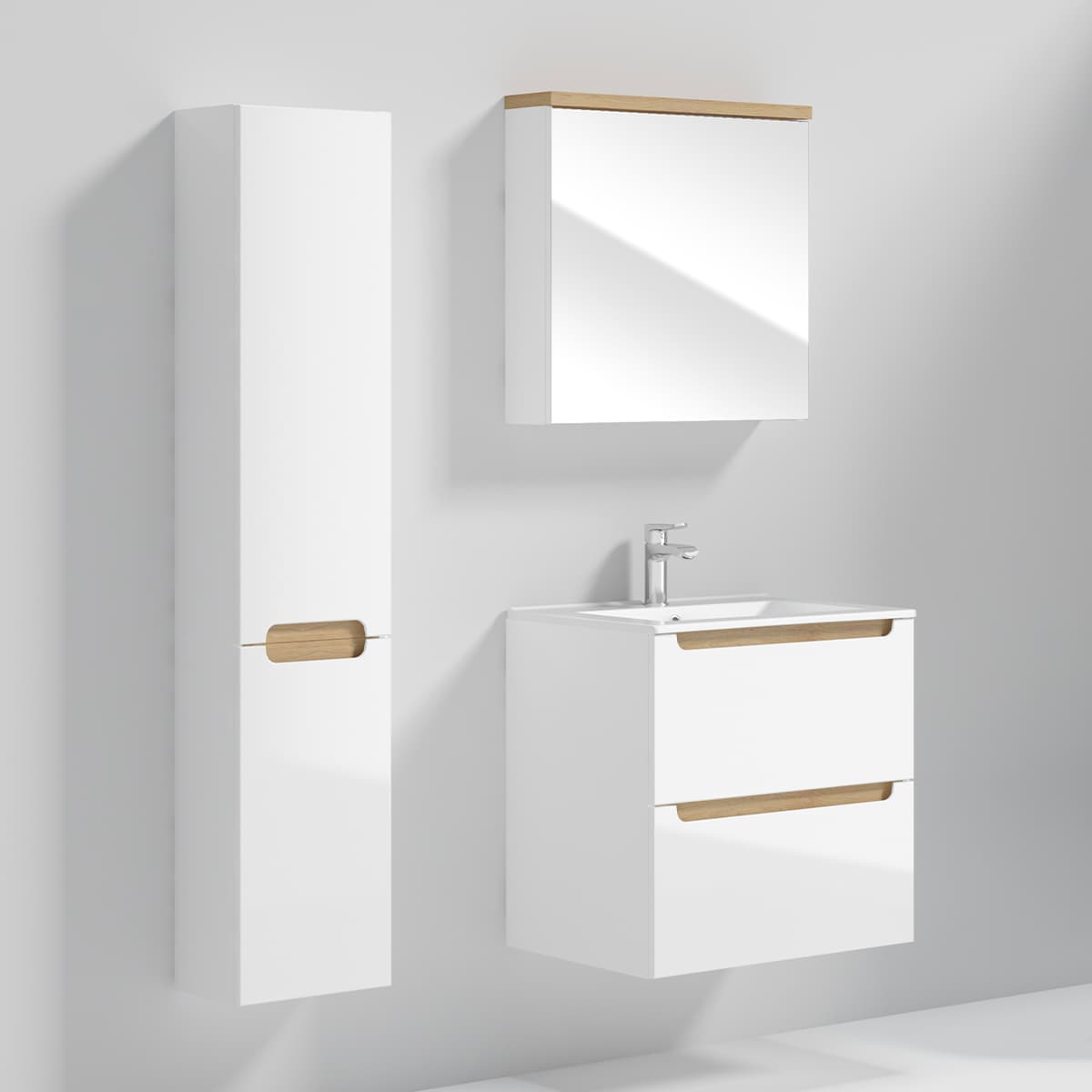 Ensemble meuble simple vasque encastrée 60cm 2 tiroirs et colonne Livia Blanc et Bois