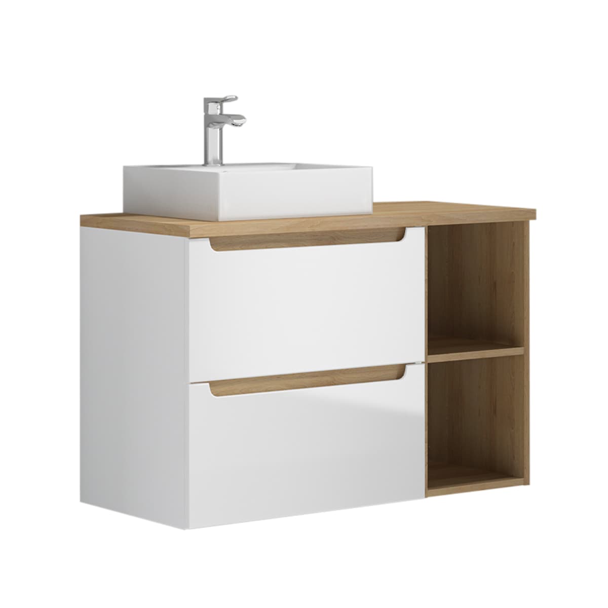 Meuble simple vasque 90cm 2 niches Livia Blanc et Bois