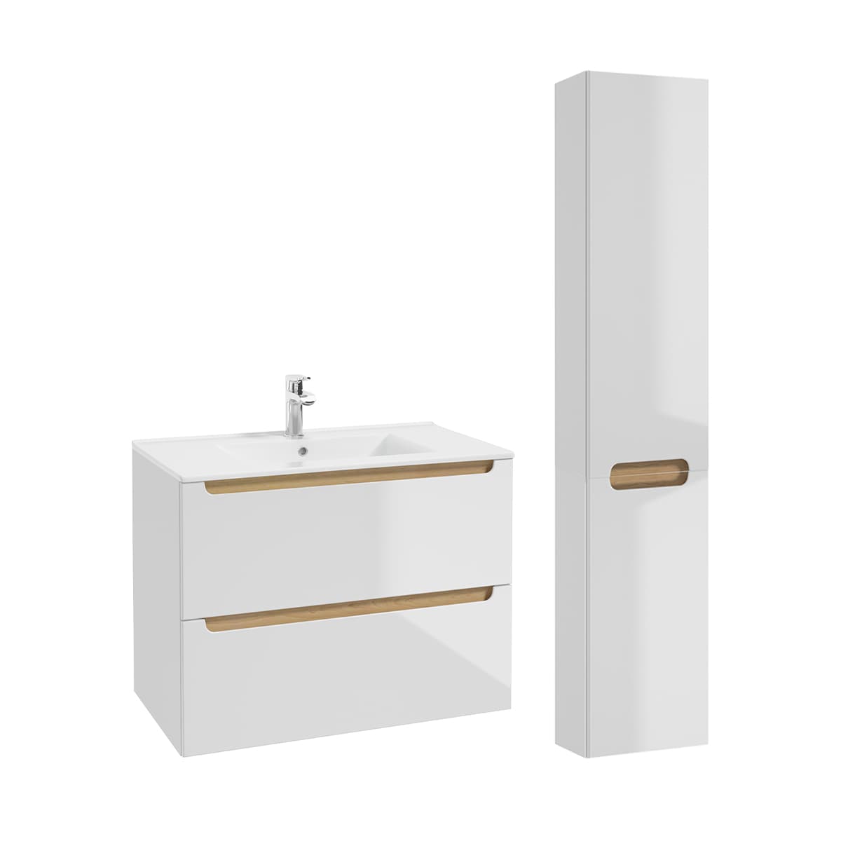 Ensemble meuble simple vasque encastrée 80cm 2 tiroirs et colonne Livia Blanc et Bois