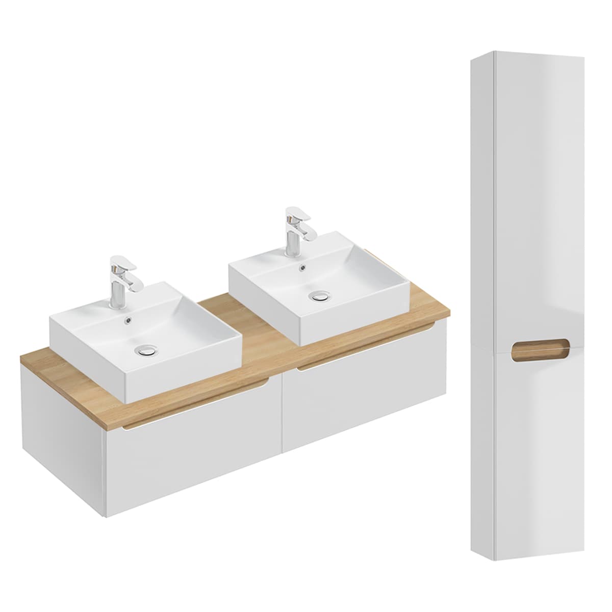 Ensemble meuble double vasque 120cm 2 tiroirs et colonne Livia Blanc et Bois