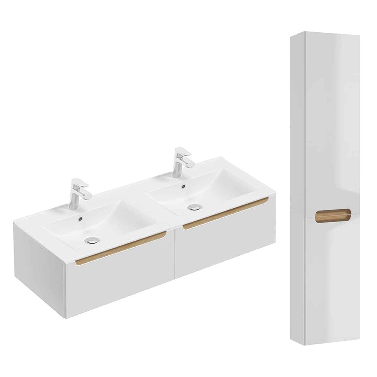 Ensemble meuble double vasque encastrée 120cm 2 tiroirs et colonne Livia Blanc et Bois