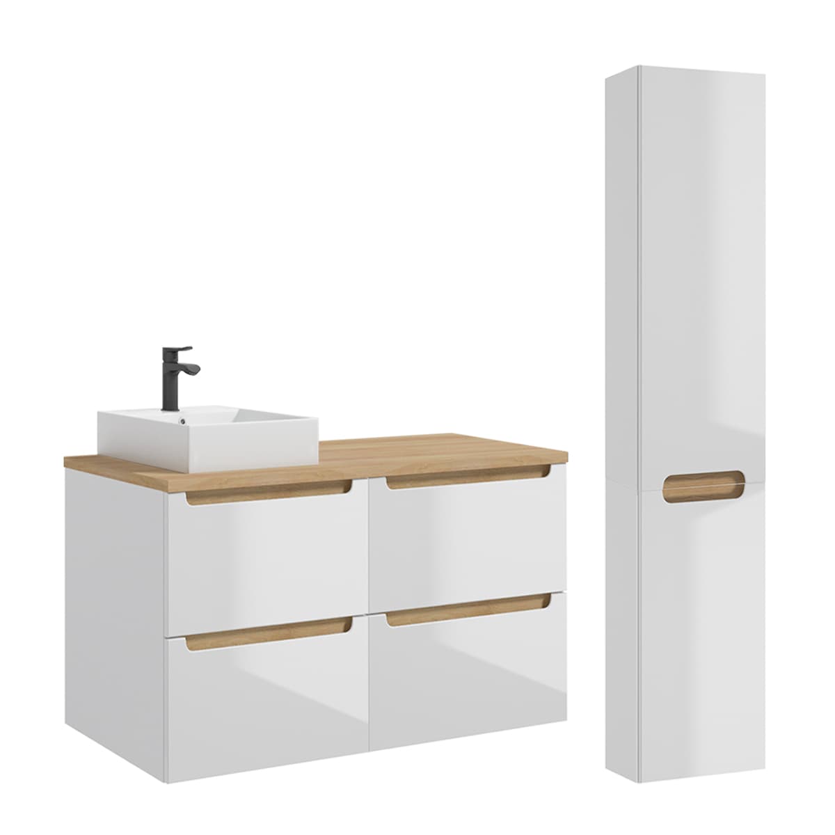 Ensemble meuble simple vasque 120cm 4 tiroirs et colonne Livia Blanc et Bois