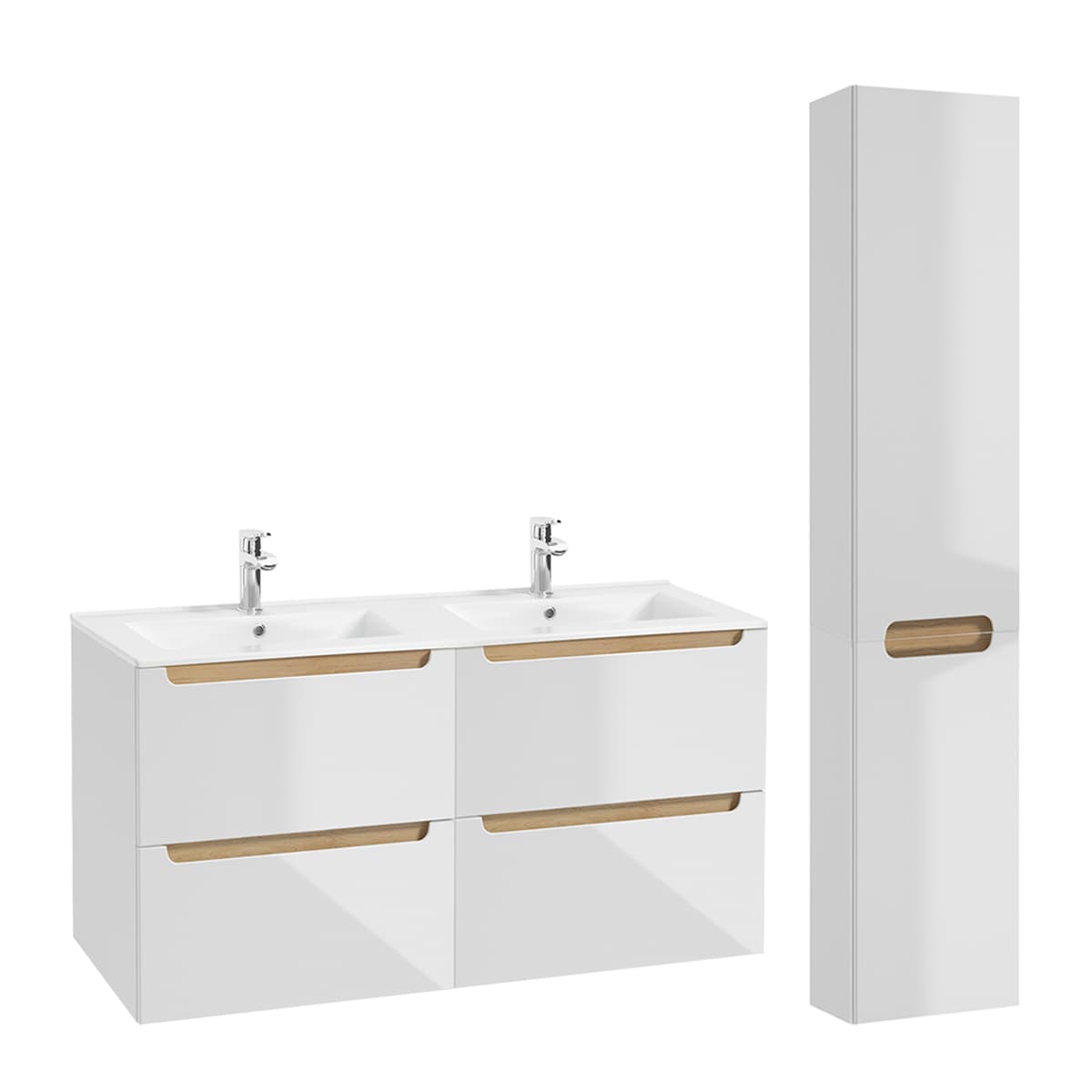 Ensemble meuble double vasque encastrée 120cm 4 tiroirs et colonne Livia Blanc et Bois