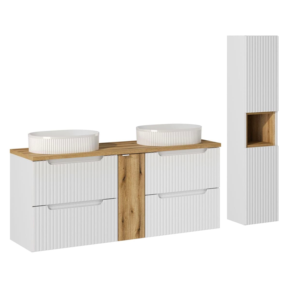 Ensemble meuble double vasque 140cm 4 tiroirs et colonne Riva Blanc et Bois