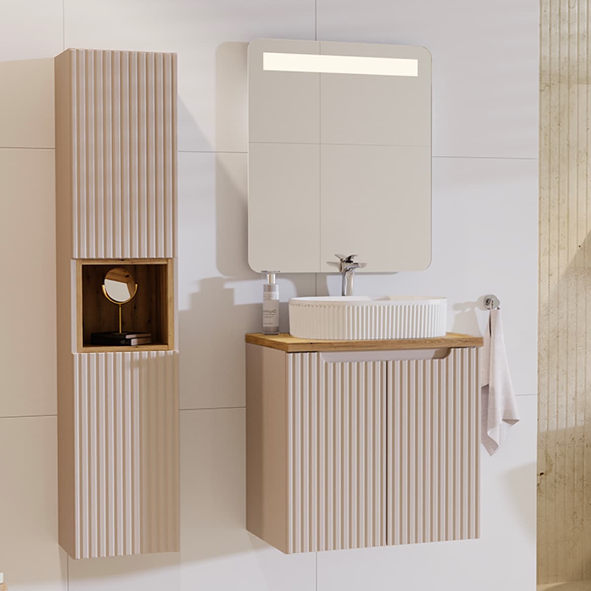 Ensemble meuble simple vasque 60cm 2 portes et colonne Riva Cachemire et Bois