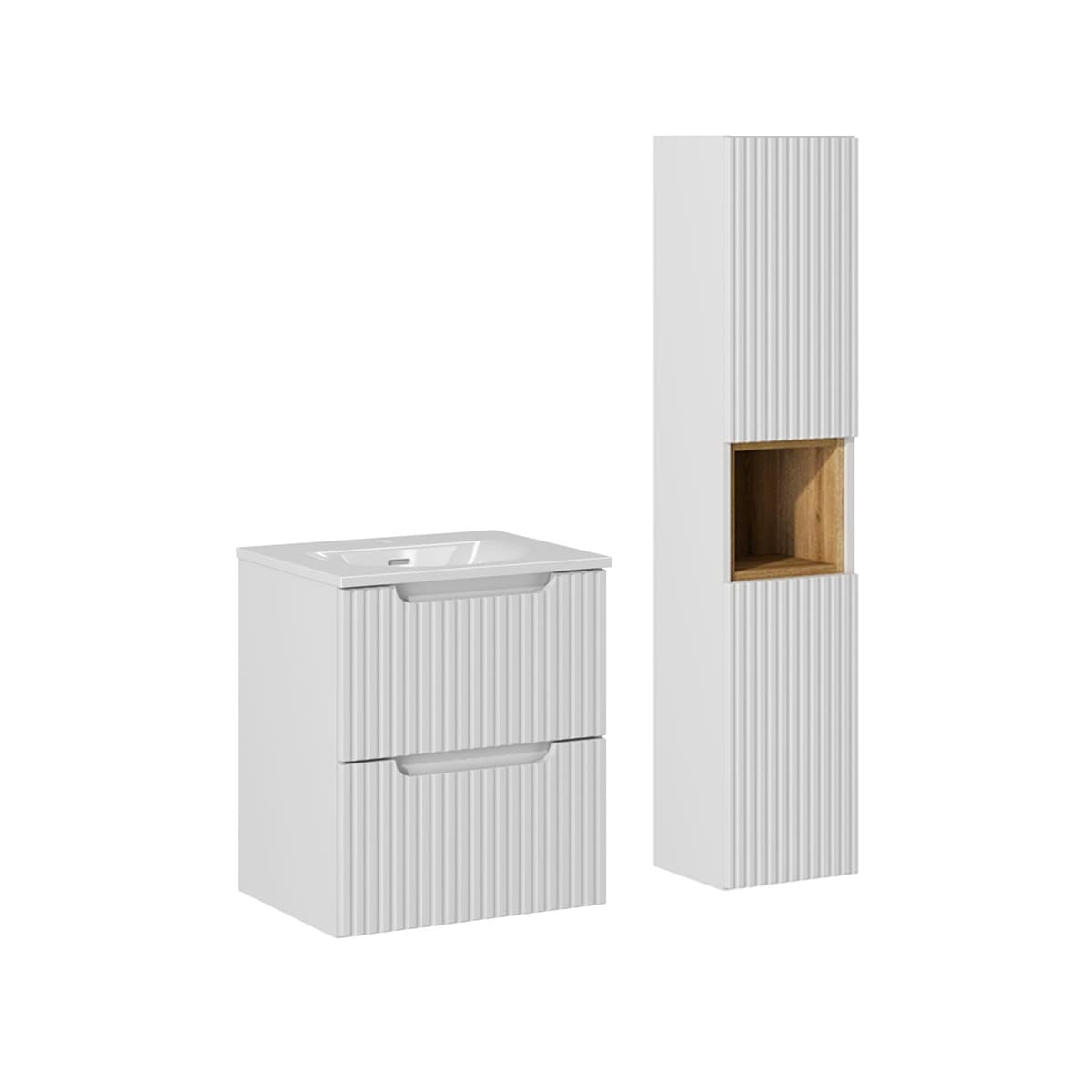 Ensemble meuble simple vasque encastrée 50cm 2 tiroirs et colonne Riva Blanc et Bois