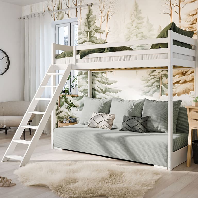 Lit mezzanine 90x200 sommier et canapé inclus Orlane Blanc et gris