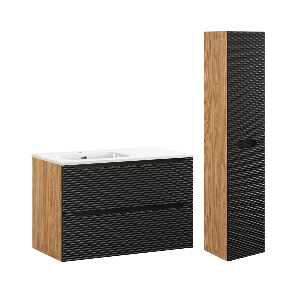 Ensemble meuble simple vasque encastrée gauche 90cm et colonne Elora Noir et bois