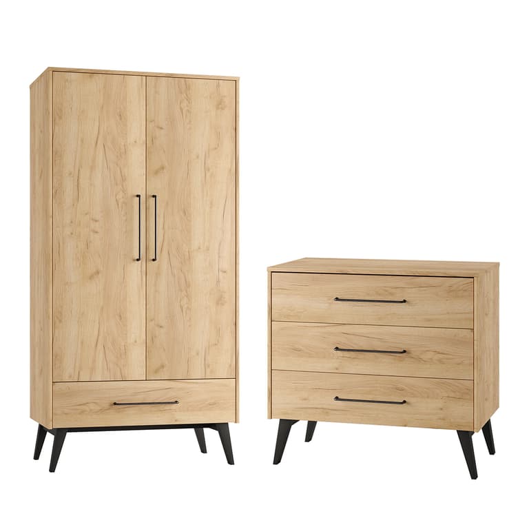 Commode 3 tiroirs et armoire 2 portes Pinio Retro Bois
