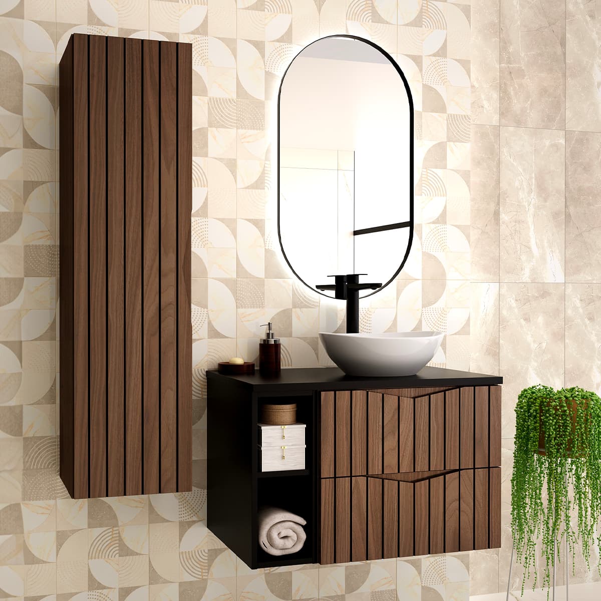 Ensemble meuble simple vasque 80cm 2 niches et colonne Siena bois et noir