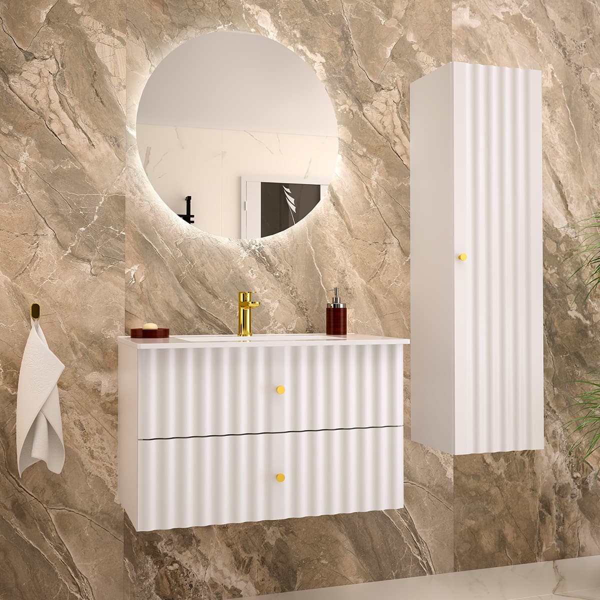 Ensemble meuble simple vasque encastrée 80cm et colonne Izae Blanc