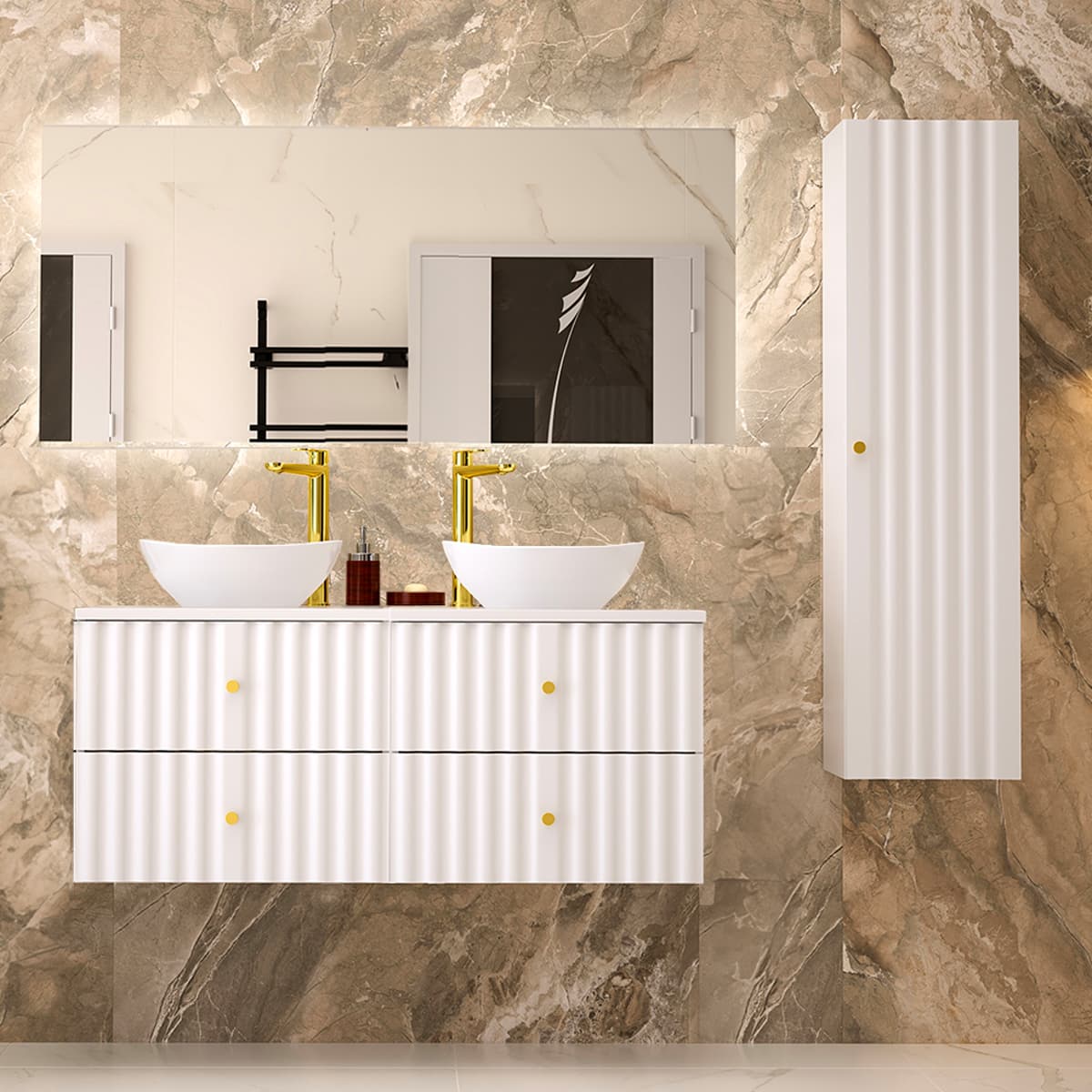 Ensemble meuble double vasque 120cm et colonne Izae Blanc