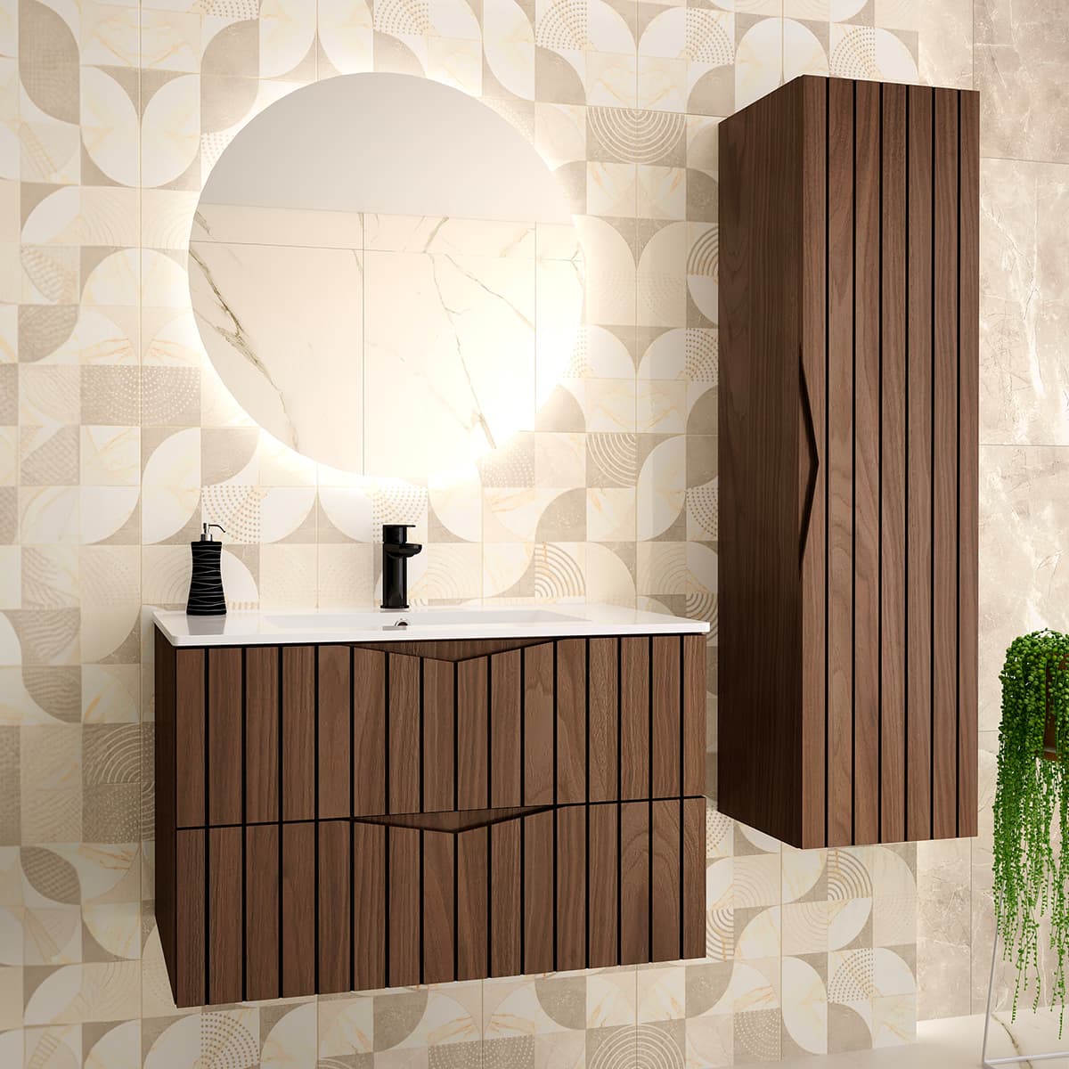 Ensemble meuble simple vasque encastrée 80cm et colonne Siena bois et noir