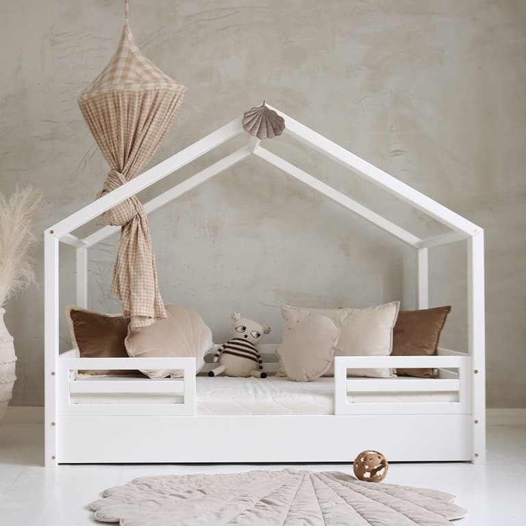 Lit cabane 90x200 barrières et sommier inclus pieds 1 cm Lucile Blanc