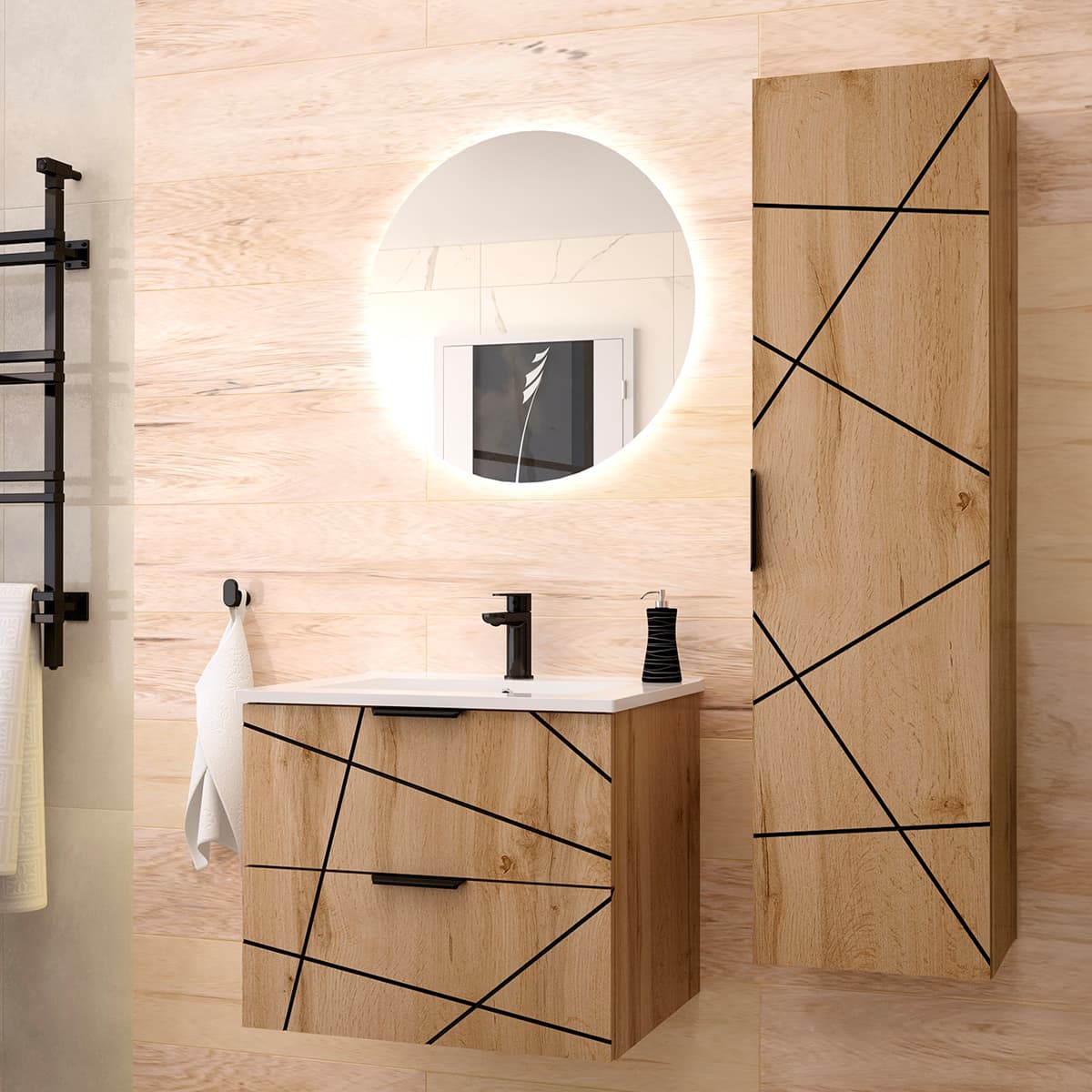 Ensemble meuble simple vasque encastrée 60cm et colonne Teren Bois