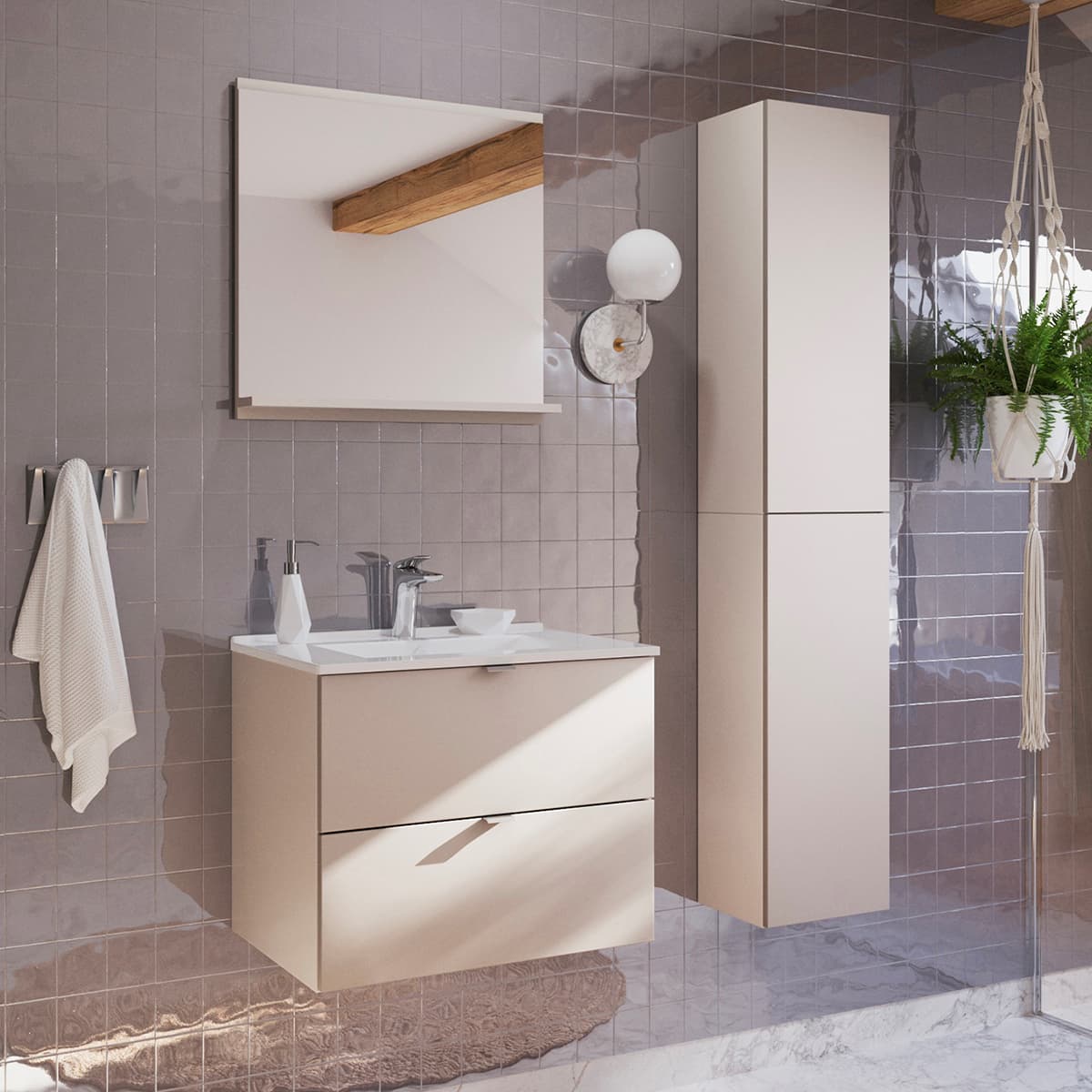 Ensemble meuble simple vasque encastrée 60cm et colonne Azel Cachemire