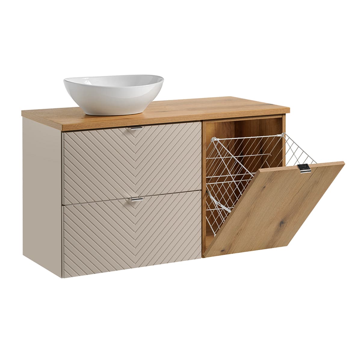 Meuble simple vasque 100cm 2 tiroirs panier à linge Manoa Cachemire et Bois
