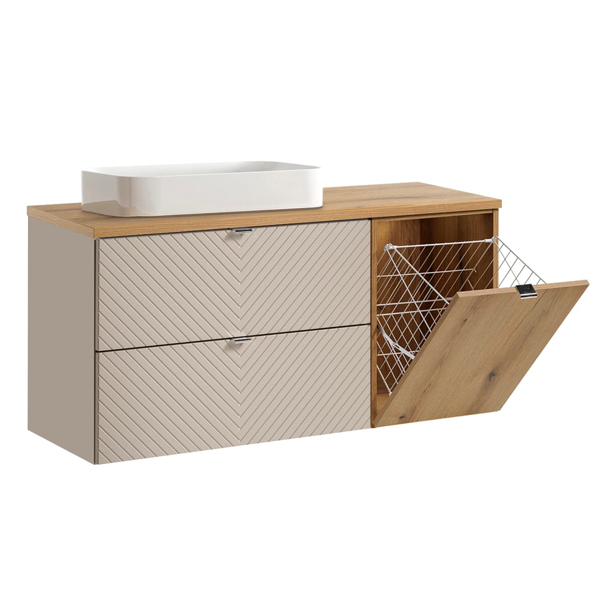 Meuble simple vasque 120cm 2 tiroirs panier à linge Manoa Cachemire et Bois