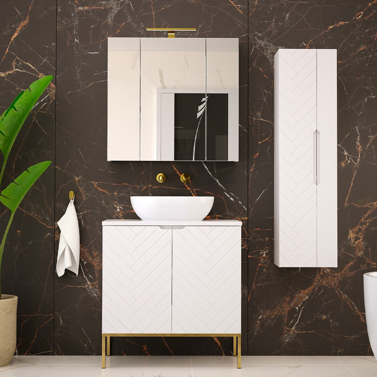 Ensemble meuble simple vasque 80cm 2 portes sur pieds et colonne Daria Blanc