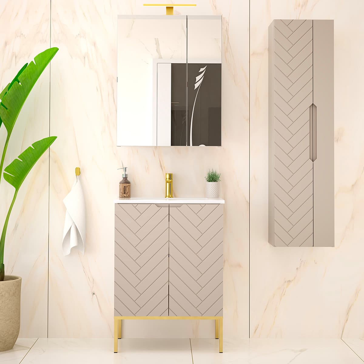 Ensemble meuble simple vasque encastrée 60cm 2 portes sur pieds et colonne Daria Cachemire