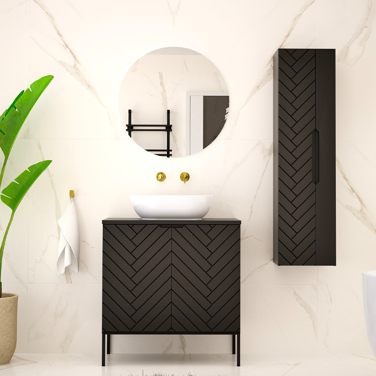 Ensemble meuble simple vasque 80cm 2 portes sur pieds et colonne Daria Noir