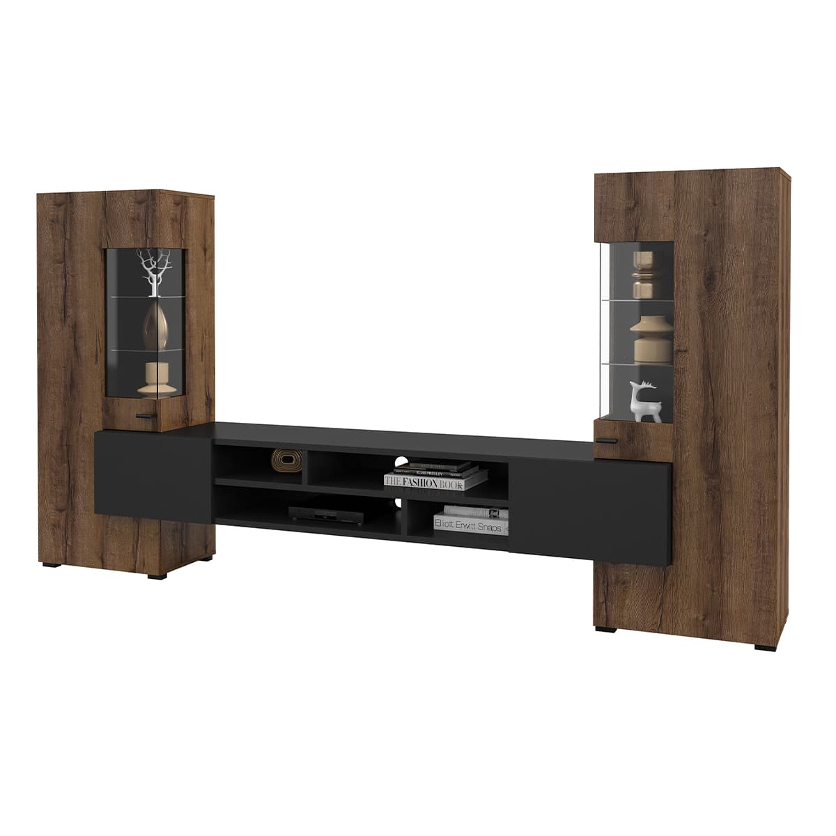 Ensemble meuble TV et 2 armoires Akram Bois Wengé et Noir